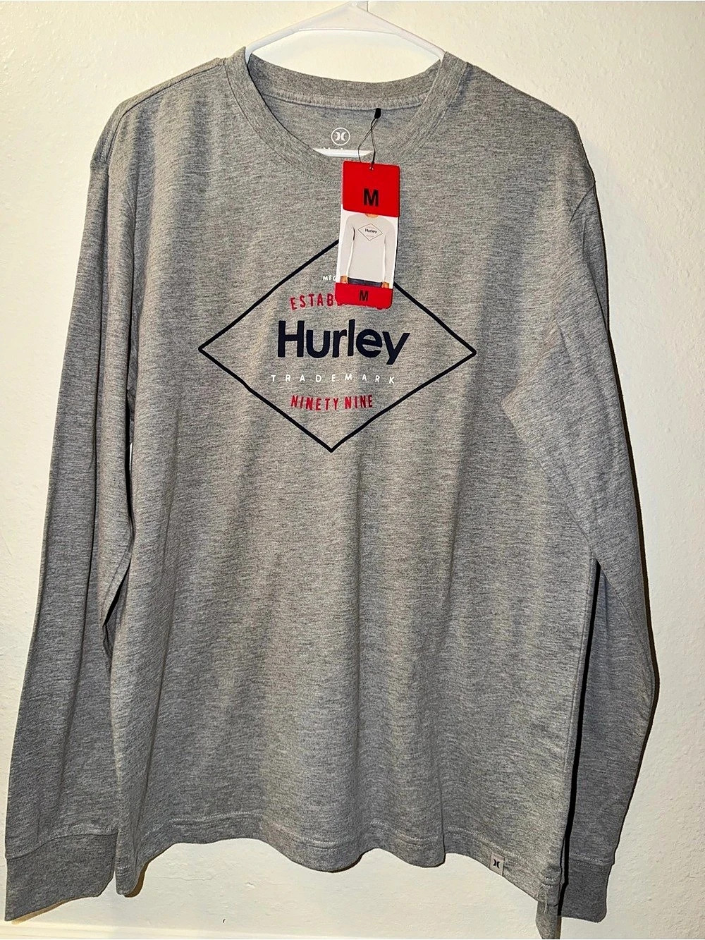 Hurley Established Ninety Nine Long Sleeve Graphic Tee Gray Medium NWT